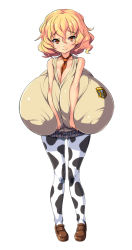 Rule 34 | 1girl, animal print, bare shoulders, between breasts, blonde hair, breast suppress, breasts, brown pantyhose, character request, cow print, freckles, full body, gigantic breasts, loafers, looking at viewer, miniskirt, muchigaku, necktie, necktie between breasts, nekomamire, original, pantyhose, plaid, plaid skirt, pleated skirt, red eyes, red necktie, school, school uniform, shoes, short hair, simple background, skirt, smile, solo, standing, sweater vest, white background