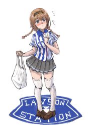 Rule 34 | bag, black headband, braid, brown footwear, clothes writing, commentary request, employee uniform, grey eyes, grey skirt, headband, highres, kantai collection, lawson, ld (luna dial398), light brown hair, logo, long hair, pigeon-toed, shirt, shopping bag, simple background, skirt, standing, striped clothes, striped shirt, teruzuki (kancolle), thighhighs, twin braids, uniform, white background, white thighhighs