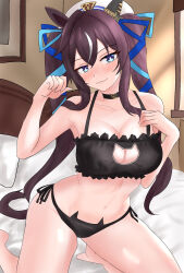 Rule 34 | 1girl, :3, alternate costume, bare shoulders, barefoot, black choker, blue eyes, blush, breasts, brown hair, cat lingerie, choker, claw pose, cleavage cutout, clothing cutout, collarbone, ear covers, hat, highres, horse girl, long hair, looking at viewer, medium breasts, meme attire, sailor hat, single ear cover, solo, tsumu618, twintails, umamusume, underwear, underwear only, vivlos (umamusume), white hat