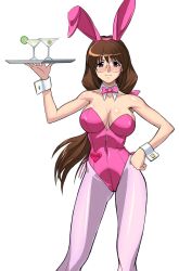 Rule 34 | 1girl, absurdres, animal ears, bow, bowtie, breasts, brown hair, cocktail glass, commentary request, cup, detached collar, drinking glass, feet out of frame, glasses, hand on own hip, highres, large breasts, leotard, long hair, looking at viewer, low ponytail, ootori kaori, pantyhose, pink bow, pink bowtie, pink leotard, pink pantyhose, playboy bunny, purple eyes, rabbit ears, rimless eyewear, shin seiki inma seiden, side-tie leotard, simple background, strapless, strapless leotard, tenpura 2, tray, white background, wrist cuffs
