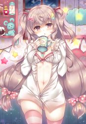 Rule 34 | 1girl, blush, bow, bra, breasts, cleavage, commentary request, cowboy shot, crescent, crescent hair ornament, cup, hair bow, hair ornament, hands up, head tilt, holding, holding cup, indoors, long hair, long sleeves, looking at viewer, low twintails, medium breasts, mug, navel, night, open clothes, open shirt, original, parted lips, partially unbuttoned, pink eyes, pink thighhighs, shelf, shirt, silver hair, skindentation, sleeves past wrists, solo, star (symbol), star hair ornament, stomach, striped clothes, striped thighhighs, stuffed animal, stuffed toy, suzunone rena, teddy bear, thighhighs, twintails, two side up, underwear, very long hair, white bra, white shirt, window