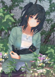 Rule 34 | 1girl, animal, black cat, black hair, black skirt, blurry, blush, brick wall, cat, closed mouth, collarbone, day, depth of field, dutch angle, eyelashes, flower, green jacket, hair between eyes, head tilt, holding, holding animal, holding cat, jacket, lloule, long hair, one side up, open clothes, open jacket, original, outdoors, pink flower, plant, purple eyes, shirt, skirt, smile, solo, split mouth, standing, whiskers, white flower, white shirt, yellow eyes