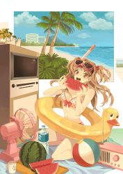 Rule 34 | 1girl, apple972, aqua nails, bad id, bad pixiv id, ball, beach, beachball, bikini, bird, blush, bottle, breasts, brown eyes, brown hair, cat, cleavage, cloud, cup, day, diving mask, duck, eating, electric fan, flower, food, front-tie top, fruit, goggles, hair bobbles, hair ornament, highres, innertube, inzup, long hair, medium breasts, mug, nail polish, navel, ocean, open mouth, original, outdoors, palm tree, polka dot, polka dot bikini, polka dot swimsuit, radio, sitting, snorkel, solo, summer, swim ring, swimsuit, television, tree, twintails, wariza, water, water bottle, watermelon