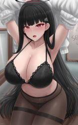 Rule 34 | 1girl, :o, absurdres, archstreal, arms up, black bra, black hair, black panties, blue archive, blunt bangs, bra, breasts, brown pantyhose, cleavage, clothes lift, hair ornament, hairclip, halo, highres, hime cut, large breasts, lifting own clothes, long hair, navel, open mouth, panties, panties under pantyhose, pantyhose, red eyes, rio (blue archive), sitting, solo, sweater, sweater lift, symbol-shaped pupils, thighband pantyhose, underwear, undressing, v-shaped eyebrows, very long hair, white sweater