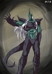 Rule 34 | 1boy, bad id, bad pixiv id, colored skin, dated, futari wa precure splash star, gooyan, green skin, highres, long hair, male focus, muscular, pointy ears, precure, r6, red eyes, simple background, solo, spikes, spoilers, tail, white hair