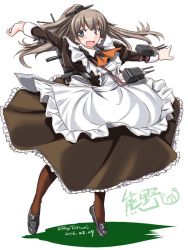 Rule 34 | 10s, 1girl, adapted costume, alternate costume, anti-aircraft, anti-aircraft gun, apron, aqua eyes, brown hair, brown thighhighs, cannon, enmaided, hair ornament, high ponytail, kantai collection, kumano (kancolle), long hair, machinery, maid, maid apron, open mouth, pantyhose, ponytail, solo, tatsumi ray, thighhighs, turret