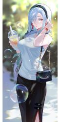 Rule 34 | 1girl, absurdres, alternate costume, bag, black skirt, blue nails, blurry, blurry background, border, braid, breasts, bubble, cup, d00rlife, disposable cup, drink, earrings, genshin impact, grey shirt, hair over one eye, tucking hair, hand up, highres, holding, holding cup, holding drink, jewelry, large breasts, long hair, looking at viewer, outdoors, parted bangs, parted lips, red tassel, red wristband, ribbon braid, shenhe (genshin impact), shenhe (heytea) (genshin impact), shirt, shoulder bag, single braid, skirt, sleeveless, sleeveless shirt, solo, tassel, tassel earrings, white border, white hair