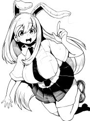 Rule 34 | 1girl, absurdres, animal ears, breasts, collared shirt, high contrast, highres, himajin noizu, index finger raised, large breasts, long hair, looking at viewer, monochrome, necktie, open mouth, pleated skirt, rabbit ears, rabbit girl, reisen udongein inaba, shirt, short sleeves, skirt, socks, solo, teeth, thighhighs, touhou, upper teeth only