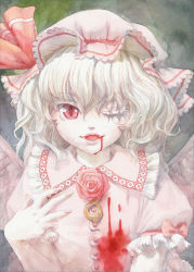 Rule 34 | 1girl, albino, ascot, bat wings, blood, blood in mouth, blood on clothes, calligraphy brush (medium), dress, fangs, flower, hat, hat ribbon, looking at viewer, misawa hiroshi, mob cap, one eye closed, open mouth, painting (medium), pink dress, puffy short sleeves, puffy sleeves, red eyes, red flower, red rose, remilia scarlet, ribbon, rose, short sleeves, solo, touhou, traditional media, upper body, watercolor (medium), white hair, wings