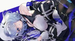 Rule 34 | 1girl, arknights, bare shoulders, blue eyes, blue hair, breasts, cleavage, eyepatch, gloves, hair over one eye, highres, lying, medical eyepatch, nido celisius, on side, pantyhose, puffy sleeves, shirt, short hair, slime (substance), solo, syringe, thigh strap, wet, wet clothes, wet shirt, whisperain (arknights), white gloves
