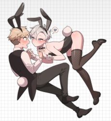 Rule 34 | 2boys, animal ears, black footwear, black legwear, black pants, blonde hair, blush, bow, bowtie, chinese commentary, coattails, commentary request, crossdressing, detached collar, dutch angle, embarrassed, eyelashes, fake animal ears, fishnets, full body, grey eyes, grey hair, grid background, habuka yukinami (ming), hair between eyes, hairband, heart, highres, holding hands, imminent kiss, kitashiro yuuji (ming), knee up, leaning forward, leotard, long sleeves, male focus, male playboy bunny, ming (5unri5e666), multiple boys, original, pants, rabbit tail, shadow, shiny clothes, shiny skin, short hair, skindentation, spoken heart, standing, standing on one leg, sweatdrop, tail, thighhighs, thighs, vest, yaoi