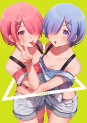 Rule 34 | 2girls, :o, alternate costume, asymmetrical docking, bare shoulders, blue eyes, blue hair, breast press, breasts, candy, cleavage, commentary, copyright name, food, from above, hair ornament, hair over one eye, in mouth, lollipop, looking at viewer, medium breasts, multiple girls, noriuma, pink eyes, pink hair, ram (re:zero), re:zero kara hajimeru isekai seikatsu, rem (re:zero), short hair, siblings, sisters, small breasts, smile, standing, twins, v, x hair ornament