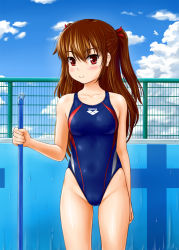 Rule 34 | 1girl, arena (company), breasts, broom, brown hair, cleaning brush, cloud, competition swimsuit, covered erect nipples, day, empty pool, long hair, medium breasts, one-piece swimsuit, original, pool, red eyes, solo, standing, swimsuit, tk4, twintails, two side up