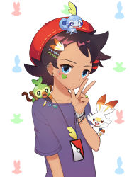 Rule 34 | 1boy, absurdres, alternate costume, beret, blue eyes, bracelet, brown hair, closed mouth, colaoud, collarbone, commentary request, creatures (company), eyelashes, frown, game freak, gen 8 pokemon, goh (pokemon), grookey, hand up, hat, highres, jewelry, korean commentary, male focus, necklace, nintendo, pokemon, pokemon (anime), pokemon (creature), pokemon journeys, purple shirt, red headwear, ring, scorbunny, shirt, short hair, short sleeves, sobble, starter pokemon trio, t-shirt, w