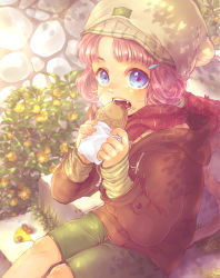 Rule 34 | 1girl, absurdres, acorn, autumn, beanie, blue eyes, brown coat, cat tail, coat, eating, eyebrows, fangs, fish hair ornament, flower, food, food on face, green shorts, hair ornament, hairclip, hat, highres, hood, hood down, jacket, long sleeves, looking at viewer, open mouth, original, pink hair, plant, red scarf, revision, scarf, shima (si04ma82), short hair, shorts, sitting, sitting on stairs, sleeves past wrists, solo, stairs, stone wall, striped clothes, striped scarf, striped sleeves, tail, taiyaki, wagashi, wall