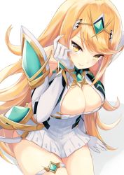 Rule 34 | 1girl, arm support, blonde hair, blush, breasts, cleavage, collarbone, commentary request, cowboy shot, dress, gloves, hand up, highres, igayan, jewelry, large breasts, long hair, looking at viewer, mythra (xenoblade), nintendo, ring, shadow, short dress, simple background, sitting, smile, solo, swept bangs, thigh strap, thighs, tiara, very long hair, white dress, white gloves, xenoblade chronicles (series), xenoblade chronicles 2, yellow background, yellow eyes