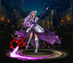 Rule 34 | 1girl, armor, armored dress, blue eyes, bracer, breasts, cleavage, faulds, fingerless gloves, full body, gloves, glowing, glowing weapon, greaves, head wings, light purple hair, lips, long hair, long skirt, magic, magic circle, medium breasts, nose, pelvic curtain, polearm, purple skirt, realistic, skirt, solo, spear, super bull, tower of saviors, valkyrie (tower of saviors), weapon, wings