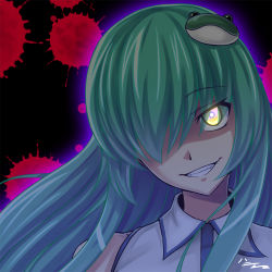Rule 34 | 1girl, evil grin, evil smile, frog, frog hair ornament, green hair, grin, h-new, hair ornament, hair over one eye, kochiya sanae, long hair, md5 mismatch, shaded face, smile, solo, touhou, yellow eyes