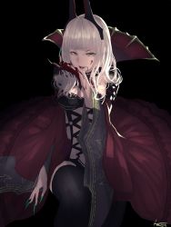 Rule 34 | 1girl, artist name, blood, blood on hands, blunt bangs, breasts, carmilla (fate), fangs, fate/grand order, fate (series), fingernails, green nails, highres, kuronoiparoma, long fingernails, long hair, looking at viewer, medium breasts, nail polish, silver hair, solo, thighhighs, yellow eyes