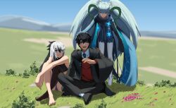 Rule 34 | 1boy, 2girls, :3, bare shoulders, black dress, black hair, black scarf, blue eyes, blue necktie, blue scarf, braid, breasts, crop top, crown braid, curled horns, dress, fate/grand order, fate (series), fujimaru ritsuka (male), fujimaru ritsuka (male) (mage&#039;s association uniform), green eyes, green horns, hair between eyes, highres, hooded robe, horns, large horns, larva tiamat (fate), larva tiamat (second ascension) (fate), long hair, long horns, long sleeves, midriff, multicolored hair, multiple girls, nagao kagetora (fate), necktie, official alternate costume, open mouth, pantyhose, paperpillar, pink eyes, pointy ears, red sweater, ribbed dress, robe, scarf, shirt, short hair, shorts, sidelocks, sitting, sleeveless, sleeves past fingers, sleeves past wrists, smile, sweater, symbol-shaped pupils, tiamat (fate), twintails, two-tone hair, uesugi kenshin (fate), uesugi kenshin (second ascension) (fate), very long hair, white hair, white pantyhose, white shorts, x-shaped pupils