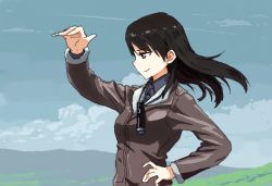 Rule 34 | 1girl, adolfine galland, bad id, bad pixiv id, black hair, blue eyes, blue sky, bomber jacket, cloud, day, hand on own hip, jacket, long hair, long sleeves, looking afar, oekaki, profile, shiratama (hockey), sideways mouth, sky, smile, solo, spyglass, strike witches, strike witches zero, upper body, world witches series