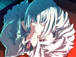 Rule 34 | 10s, 1girl, dies irae, closed eyes, g yuusuke, game cg, own hands clasped, himuro rea, own hands together, praying, robe, shinza bansho series, short hair, silver hair, solo