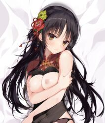 Rule 34 | 1girl, alternate costume, arms under breasts, bare arms, bed sheet, black bra, black hair, blush, bra, bra lift, breast hold, breasts, cafe stella to shinigami no chou, china dress, chinese clothes, cleavage, closed mouth, commentary, covered navel, dakimakura (medium), dress, eyelashes, flower, hair flower, hair ornament, hair spread out, haku89, head tilt, long hair, looking at viewer, lying, medium breasts, mole, mole under eye, nipples, on back, open clothes, open dress, parted bangs, red dress, red flower, shiki natsume, sidelocks, smile, solo, tassel, tassel hair ornament, tsurime, underwear, upper body, very long hair, yellow eyes, yellow flower