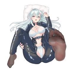 Rule 34 | 1girl, absurdres, blue hair, blush, bra, catsuit, feet, highres, light blue hair, long hair, looking at viewer, lying, open clothes, open mouth, panties, pillow, pink eyes, see-through, see-through legwear, soles, toes, transparent background, underwear