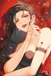 Rule 34 | 1girl, arm under breasts, armlet, balloon, bare shoulders, black armlet, black dress, black eyes, black hair, commentary, dress, earrings, english commentary, from below, hand on own face, highres, jewelry, jung heewon, lipstick, long hair, looking at viewer, makeup, omniscient reader&#039;s viewpoint, papercider, red background, red lips, red nails, ring, smeared lipstick, solo, strapless, strapless dress, twitter username, upper body