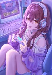 Rule 34 | 1girl, absurdres, brown hair, choker, commentary, computer, controller, energy drink, feet on chair, full body, game controller, headset, highres, holding, holding controller, holding game controller, idolmaster, idolmaster shiny colors, keyboard (computer), long hair, looking at viewer, monitor, off-shoulder sweater, off shoulder, on chair, open mouth, osaki tenka, playing games, shirt, shorts, simoumi 217, sitting, sleeveless, sleeveless shirt, smile, solo, sweater, yellow eyes