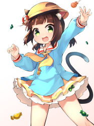Rule 34 | 1girl, :d, animal ear fluff, animal ears, azur lane, brown hair, buttons, candy, cat ears, cat girl, cat tail, fang, food, gradient background, green eyes, hat, hat ornament, kindergarten uniform, legs apart, lifebuoy hair ornament, lollipop, long sleeves, miniskirt, mutsuki (azur lane), neckerchief, open mouth, outstretched arm, pleated skirt, sailor collar, school hat, short hair, skirt, smile, solo, tail, tail raised, v-shaped eyebrows, white sailor collar, yellow hat, yellow neckerchief, yellow skirt, youhei 64d