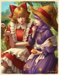 Rule 34 | 2girls, apron, artist name, blonde hair, bow, brown eyes, closed eyes, commentary, crescent, day, dress, elise liedl, english commentary, food, food bite, frilled dress, frills, green brooch, hair bow, hat, hat ribbon, holding, holding food, holding head, kneehighs, laughing, little goody two shoes, long hair, looking at another, maid apron, multiple girls, open mouth, outdoors, parted lips, pinafore dress, puffy short sleeves, puffy sleeves, purple dress, purple hair, red bow, red dress, red ribbon, ribbon, ribbon-trimmed socks, ribbon trim, rozenmarine (little goody two shoes), short sleeves, signature, sitting, sleeveless, sleeveless dress, socks, star (symbol), straw hat, tree, white socks, winterleigh, witch hat