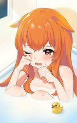 Rule 34 | 1girl, animal ears, bath, bathing, bathtub, blush, brown eyes, commentary request, crying, crying with eyes open, highres, horse ears, indoors, inuyama nanami, knees up, long hair, mayano top gun (umamusume), nude, one eye closed, open mouth, orange hair, partially submerged, rubber duck, sitting, solo, tears, umamusume, wavy mouth, wet, window