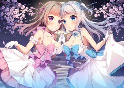 Rule 34 | 2girls, bare shoulders, blue bow, blue eyes, blue ribbon, bow, branch, breasts, brown hair, cleavage, collarbone, commentary request, dress, flower, gloves, grey hair, hair ribbon, highres, holding hands, horizon, interlocked fingers, large breasts, long hair, multiple girls, night, night sky, one side up, original, pink bow, pink flower, pink ribbon, pleated dress, red eyes, ribbon, skirt hold, sky, sleeveless, sleeveless dress, star (sky), starry sky, symmetrical pose, torokeru none, very long hair, water, white dress, white gloves