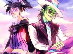 Rule 34 | 1boy, 1girl, ace (ppg), glasses, gorillaz, hat, noodle (gorillaz), pointy nose, powerpuff girls, ribbon, rotodisk, thighhighs, twintails