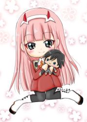 Rule 34 | 10s, 1girl, black pantyhose, blush, boots, check commentary, chibi, commentary request, darling in the franxx, doll, fringe trim, green eyes, hair ornament, hairband, hiro (darling in the franxx), holding, holding doll, horns, hug, long hair, long sleeves, looking at viewer, military, military uniform, necktie, oni horns, orange neckwear, pantyhose, pink hair, red horns, rirakkumahiroko, signature, solo, uniform, white footwear, white hairband, zero two (darling in the franxx)