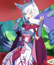 Rule 34 | 1girl, ahoge, animal ear fluff, animal ears, blurry, blurry background, blush, braid, breasts, canyne, commentary request, dango, earrings, food, fox ears, fox girl, fox tail, green eyes, hair between eyes, highres, holding, holding food, hololive, jewelry, long hair, looking at viewer, minarin-rinsuki, mizutsune (armor), monster hunter (series), oil-paper umbrella, one eye closed, open mouth, outdoors, pentagram, plate, shirakami fubuki, sidelocks, single braid, sitting, small breasts, smile, tail, umbrella, virtual youtuber, wagashi, white hair