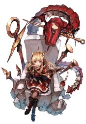 Rule 34 | 1girl, black footwear, black thighhighs, blonde hair, blush, book, boots, bracelet, cagliostro (granblue fantasy), cape, chair, crossed legs, dragon, from above, granblue fantasy, hairband, holding, holding book, hungry clicker, jewelry, long hair, looking at viewer, looking up, nail, open book, open mouth, ouroboros (granblue fantasy), purple eyes, red skirt, simple background, sitting, skirt, smile, solo, thighhighs, tiara, white background, world flipper