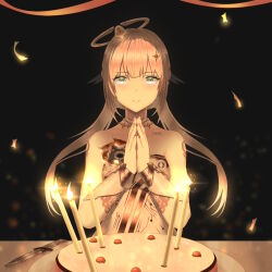 1girl a3a4-zeus birthday_cake breast_tattoo cake candle closed_mouth dress food grey_eyes grey_hair halo jewelry knife liv:_empyrea_(wings_of_dawn)_(pgr) liv_(pgr) long_hair looking_at_viewer mechanical_halo necklace own_hands_together punishing:_gray_raven shoulder_tattoo solo tattoo white_dress