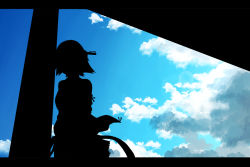 Rule 34 | 10s, 1girl, blue sky, blue theme, cloud, day, hairband, hiei (kancolle), kantai collection, monochrome, short hair, silhouette, skirt, sky, solo, tsukamoto minori