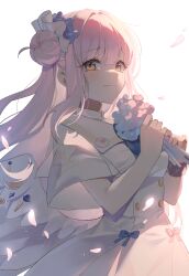 Rule 34 | 1girl, absurdres, angel wings, black scrunchie, blue archive, blush, capelet, closed mouth, crying, crying with eyes open, dress, falling petals, feathered wings, flower, hair bun, hair flower, hair ornament, happy tears, highres, holding, long hair, mika (blue archive), mingo0011, petals, pink hair, purple flower, scrunchie, simple background, single side bun, smile, solo, tears, upper body, white background, white capelet, white dress, white wings, wings, wrist cuffs, yellow eyes