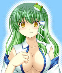 Rule 34 | 1girl, beni (bluebluesky), blush, breasts, center opening, cleavage, collarbone, detached sleeves, female focus, frog, frog hair ornament, green hair, hair ornament, hair tubes, halftone, halftone background, highres, kochiya sanae, large breasts, long hair, no bra, open clothes, open shirt, shirt, snake, snake hair ornament, solo, touhou, upper body, yellow eyes