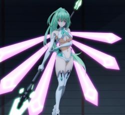Rule 34 | 10s, 1girl, boots, breasts, cleavage, green hair, green heart (neptunia), neptune (series), polearm, purple eyes, screencap, solo, spear, thigh boots, thighhighs, vert (neptunia), weapon, wings