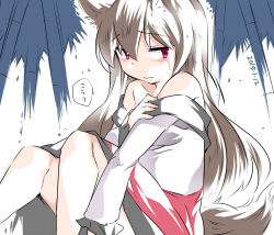 Rule 34 | 1girl, animal ears, bad id, bad pixiv id, bamboo, bamboo forest, bare legs, brown hair, commentary request, forest, hammer (sunset beach), imaizumi kagerou, long hair, looking at viewer, nature, off shoulder, pink eyes, sitting, sketch, skirt, solo, tail, touhou, wolf ears, wolf tail