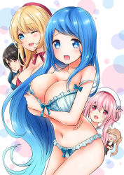 Rule 34 | 10s, 5girls, :d, ;d, aged up, alternate breast size, anger vein, atago (kancolle), bare shoulders, beret, bikini, black hair, black ribbon, black serafuku, blonde hair, blue bra, blue eyes, blue hair, blue panties, blue ribbon, blush, bow, bow bra, bow panties, bra, breast hold, breasts, cleavage, eyebrows, gradient hair, hair ornament, hair ribbon, harusame (kancolle), hat, highres, jewelry, kantai collection, large breasts, light brown hair, long hair, looking at another, looking at viewer, multicolored hair, multiple girls, murasame (kancolle), nanairo fuuka, navel, necklace, one eye closed, open mouth, panties, pearl necklace, pink eyes, pink hair, red eyes, ribbon, samidare (kancolle), school uniform, serafuku, short hair, side ponytail, smile, strap slip, swept bangs, swimsuit, takao (kancolle), twintails, underwear, underwear only, very long hair, white bikini