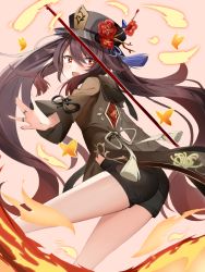 Rule 34 | 1girl, artist request, ass, bike shorts, blush, breasts, brown hair, chinese clothes, coattails, fire, flower, from behind, genshin impact, hair flower, hair ornament, half-closed eyes, hat, highres, hu tao (genshin impact), long hair, looking at viewer, open mouth, polearm, red eyes, shiny skin, short shorts, shorts, sideboob, solo, spear, twintails, very long hair, weapon