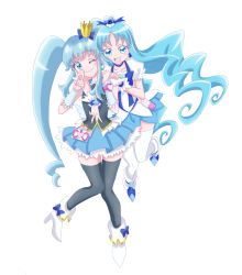 Rule 34 | 2girls, black legwear, black vest, blue bow, blue choker, blue eyes, blue hair, blush, boots, bow, brooch, choker, collarbone, crown, cure marine, cure princess, full body, hair bun, hair ornament, happinesscharge precure!, heart, heart brooch, heart hair bun, highres, jewelry, long hair, magical girl, mini crown, multiple girls, one eye closed, open mouth, precure, shampoo-1827, shirayuki hime, simple background, smile, thighhighs, trait connection, twintails, v, vest, wavy hair, white background, white legwear, wide ponytail, wing brooch, wing earrings
