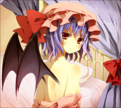 Rule 34 | 1girl, bad id, bad pixiv id, bat wings, bed, blue hair, female focus, flat chest, hat, hinase haruka, looking back, red eyes, remilia scarlet, short hair, solo, topless, touhou, undressing, wings