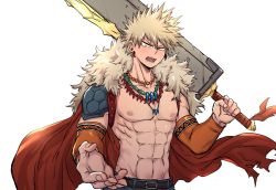 Rule 34 | 1boy, abs, bakugou katsuki, bead necklace, beads, blonde hair, boku no hero academia, cape, chiyaya, collarbone, detached sleeves, earrings, fur collar, highres, holding, holding sword, holding weapon, jewelry, male focus, multiple necklaces, muscular, muscular male, necklace, nipples, open mouth, pectorals, red cape, solo, spiked hair, sword, topless male, weapon, white background, yellow eyes