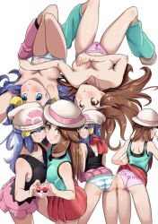 Rule 34 | 00s, 2girls, ass, ass-to-ass, bare shoulders, beanie, blue eyes, blue hair, blush, boots, breasts, brown eyes, brown hair, cameltoe, collarbone, creatures (company), dawn (pokemon), game freak, green (pokemon), hat, highres, looking at viewer, matching hair/eyes, medium breasts, multiple girls, multiple views, nico-mo, nintendo, panties, pantyshot, pink panties, pokemon, pokemon dppt, pokemon frlg, porkpie hat, pout, shoes, simple background, skirt, sneakers, standing, striped clothes, striped panties, topless, underwear, upskirt, white background